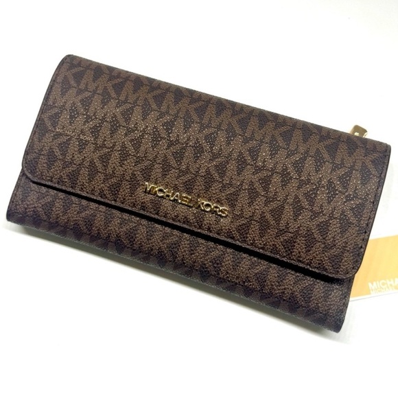 Michael Kors Large Jet Set Travel Trifold Wallet Brown Signature - Picture 2 of 8